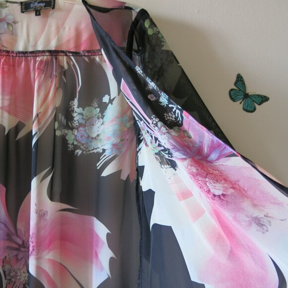 Vintage Status by Chenault Floral Roses Bohemian Chiffon Open Cardigan Sz. L - Picture 4 of 16